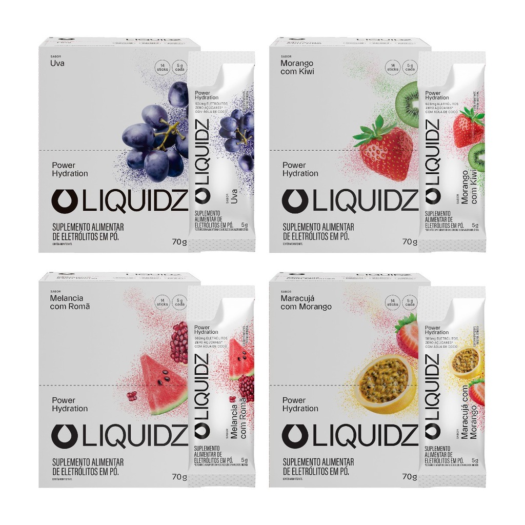 Imagem 1 do produto Eletrólitos Zero Açúcares LIQUIDZ - 4 Sabores - Kit 4 Caixas c/14 Sachês