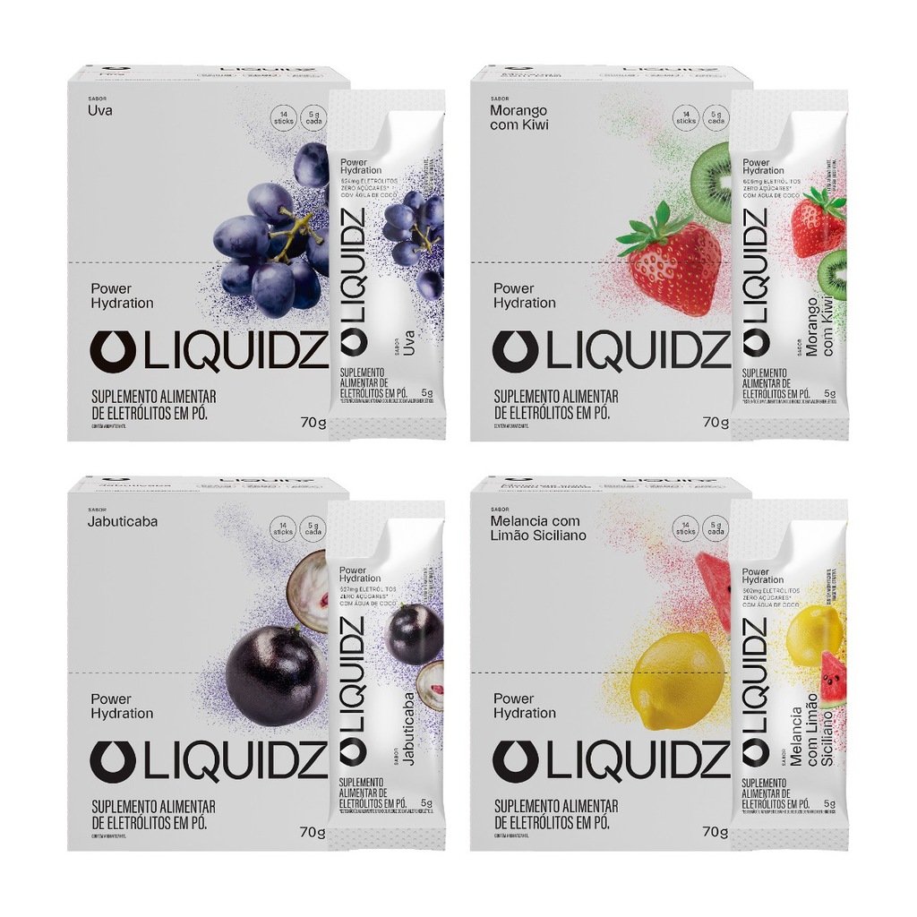 Imagem 1 do produto Eletrólitos Zero Açúcares LIQUIDZ - 4 Sabores - Kit 4 Caixas c/14 Sachês