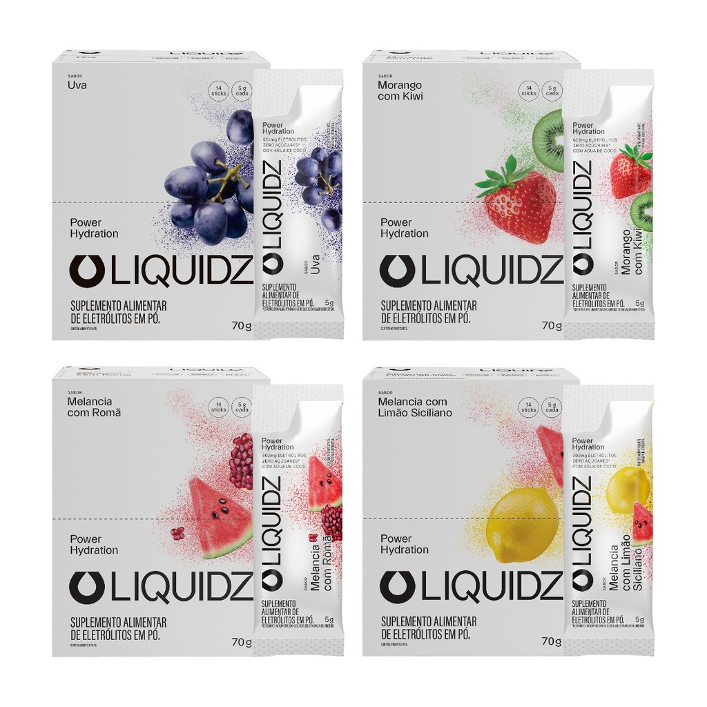 Imagem 1 do produto Eletrólitos Zero Açúcares LIQUIDZ - 4 Sabores - Kit 4 Caixas c/14 Sachês