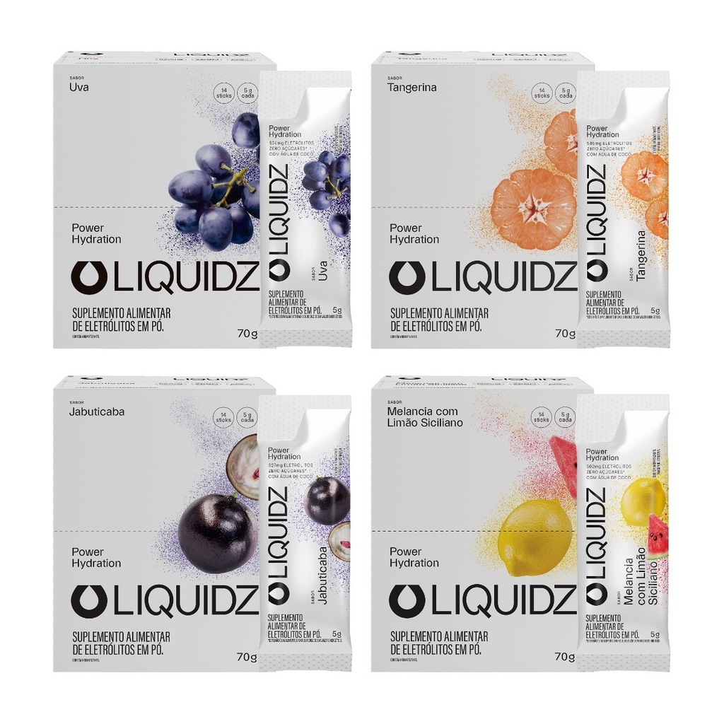 Imagem 1 do produto Eletrólitos Zero Açúcares LIQUIDZ - 4 Sabores - Kit 4 Caixas c/14 Sachês