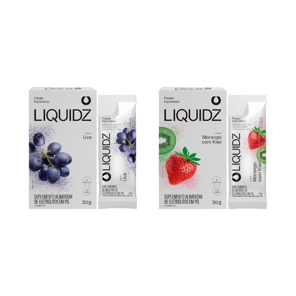 Imagem 1 do produto Eletrólitos Zero Açúcares LIQUIDZ - Uva | Morango com Kiwi - Kit 2 Caixas c/6 Sachês