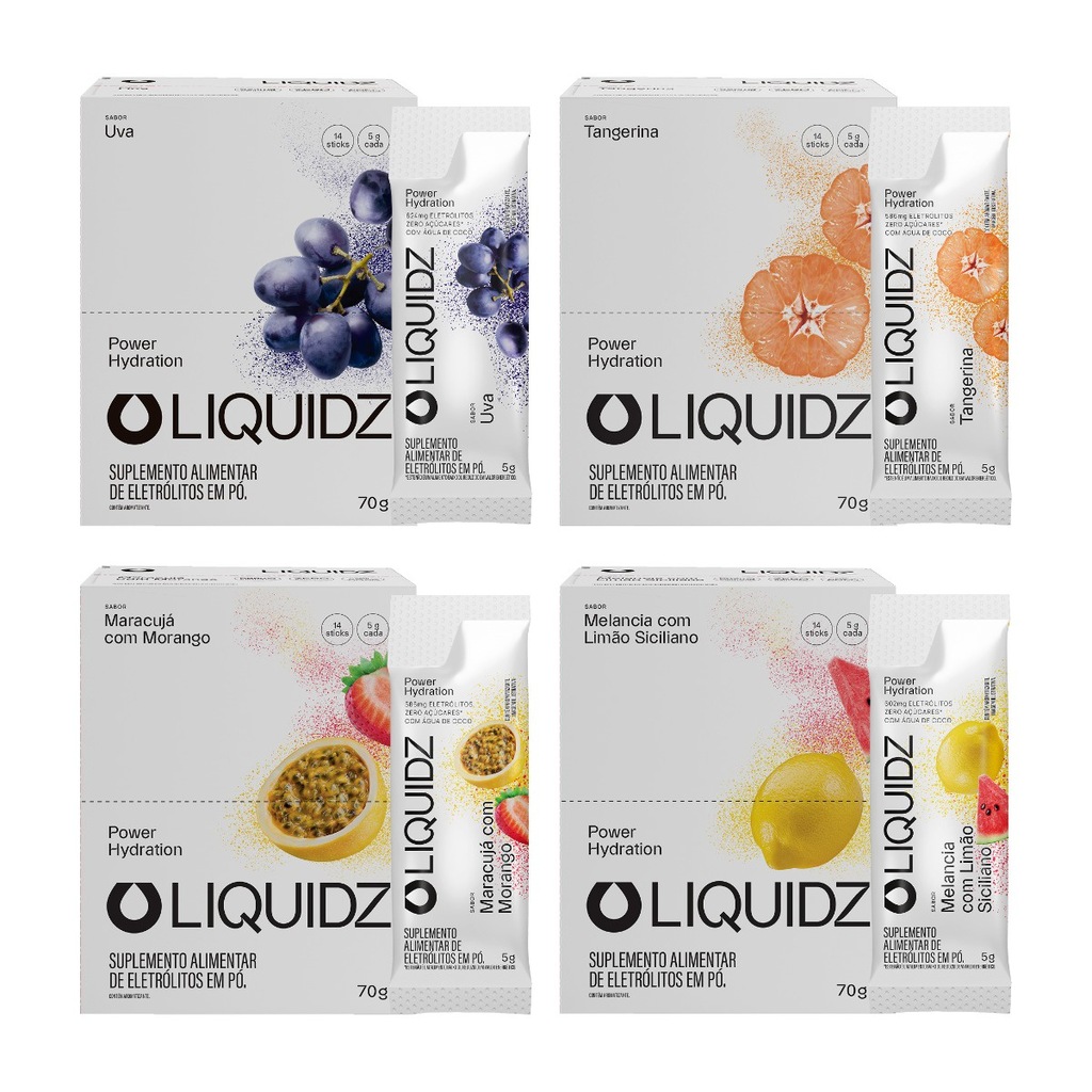 Imagem 1 do produto Eletrólitos Zero Açúcares LIQUIDZ - 4 Sabores - Kit 4 Caixas c/14 Sachês
