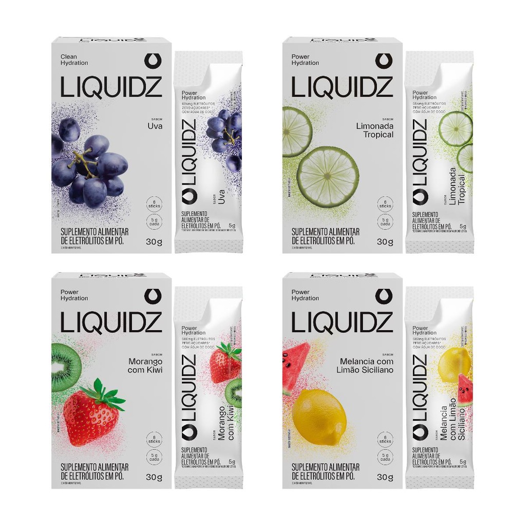Imagem 1 do produto Eletrólitos Zero Açúcares LIQUIDZ - 4 Sabores - Kit 4 Caixas c/6 Sachês