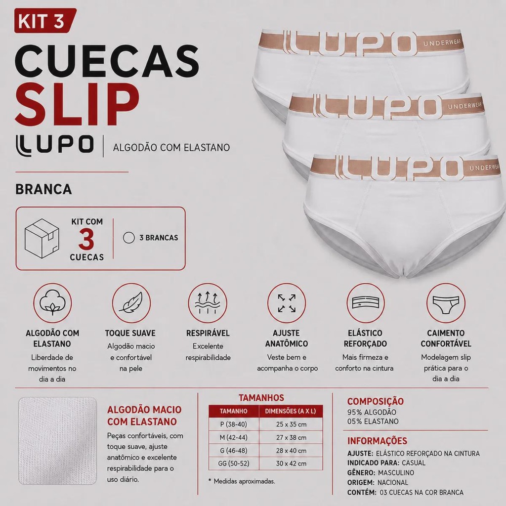 Imagem 2 do produto Kit 3 Cuecas Slip Lupo com Elastano Adulto