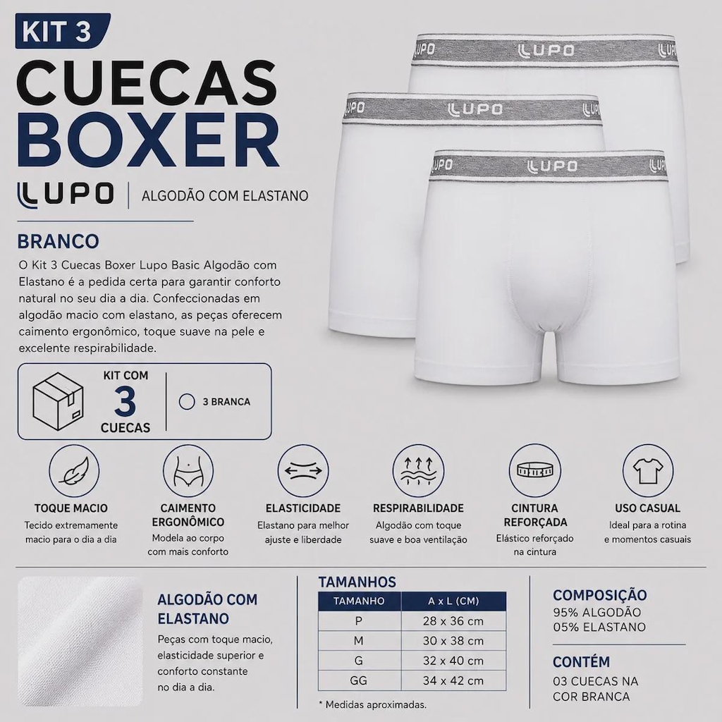 Imagem 2 do produto Kit 3 Cuecas Boxer Lupo Basic com Elastano Adulto