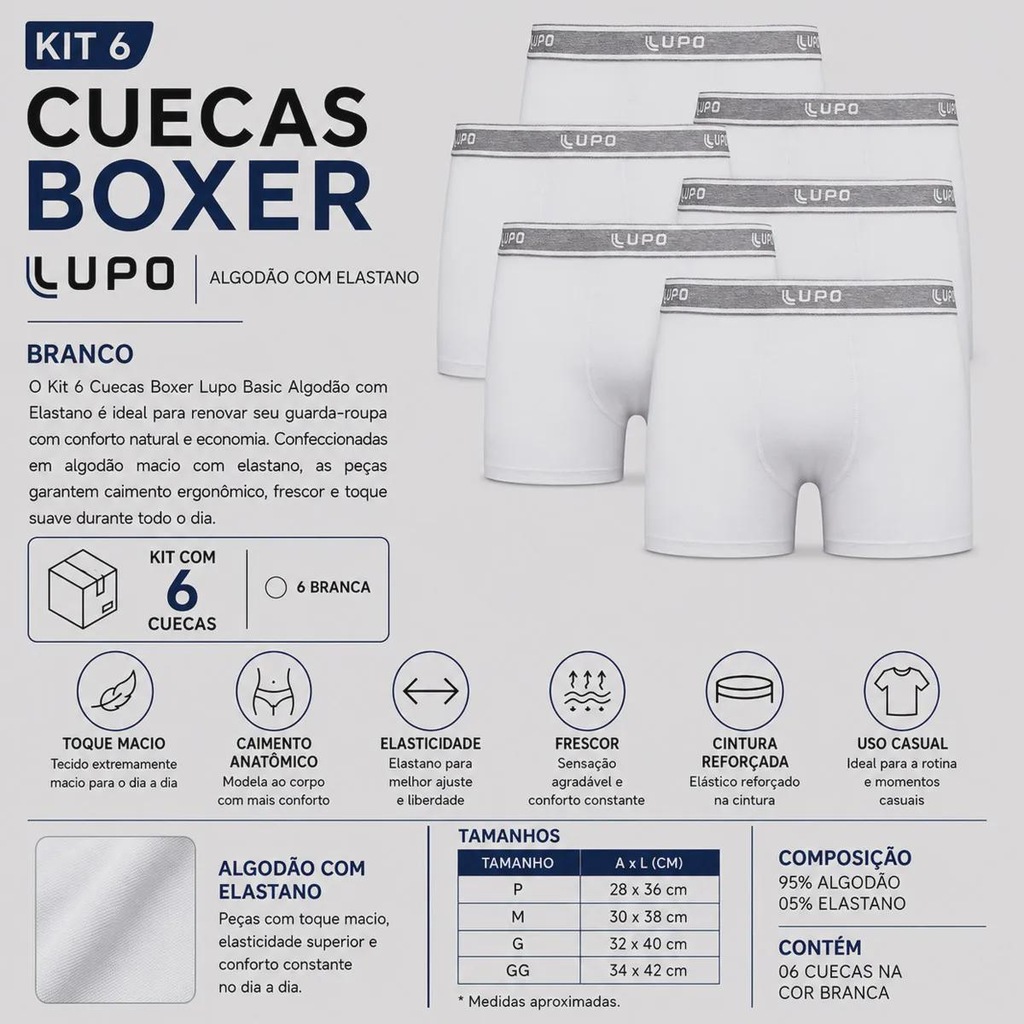 Imagem 2 do produto Kit 6 Cuecas Boxer Lupo Basic com Elastano Adulto