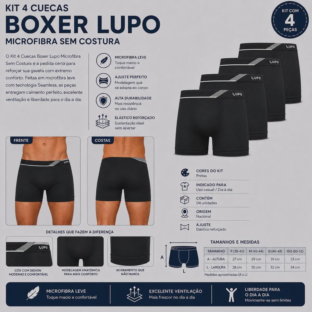 Imagem 2 do produto Kit 4 Cuecas Boxer Lupo Microfibra Sem Costura Adulto