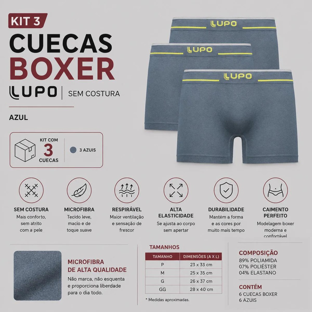 Imagem 2 do produto Kit 3 Cuecas Boxer Lupo Microfibra Sem Costura Adulto