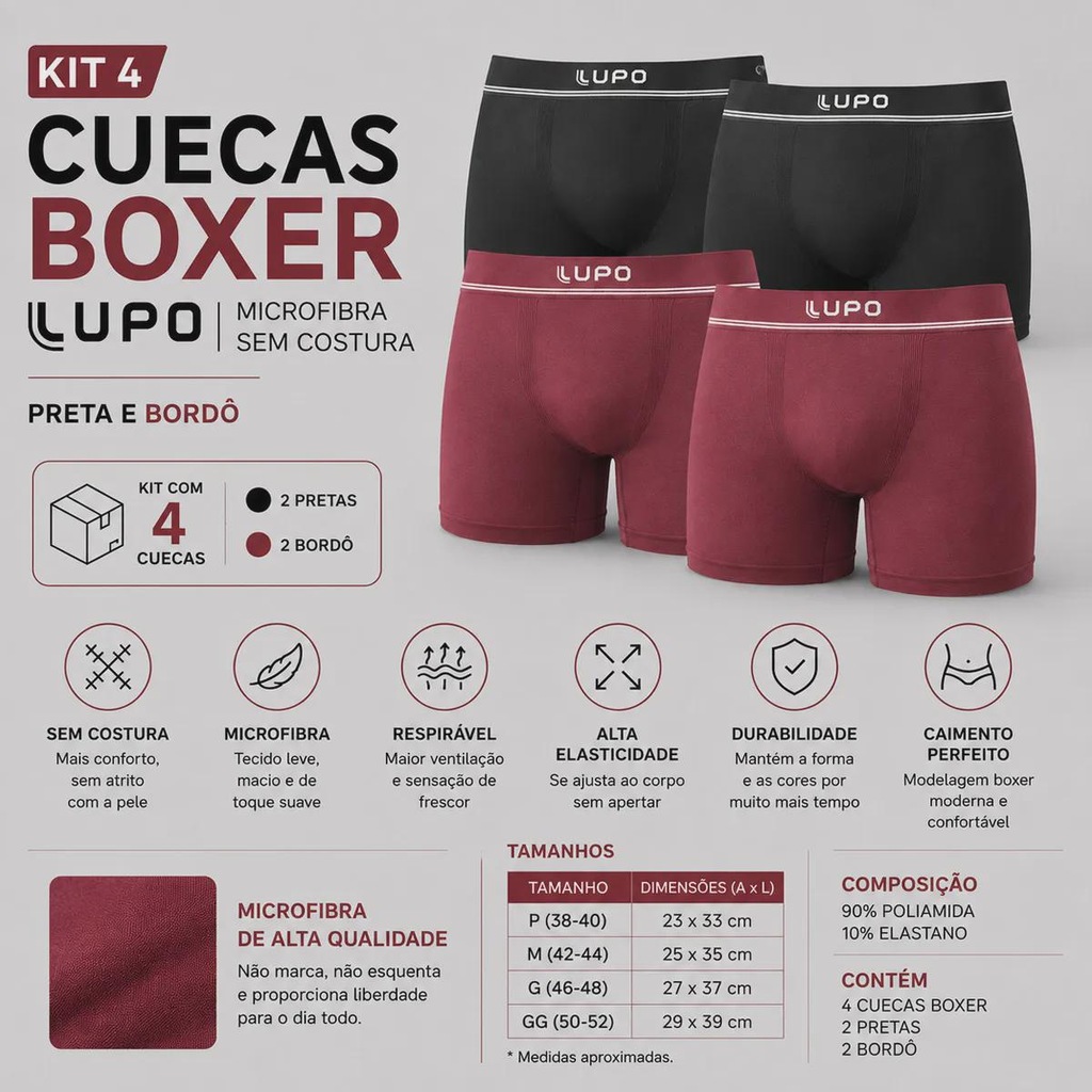 Imagem 2 do produto Kit 4 Cuecas Boxer Lupo Microfibra Sem Costura Adulto