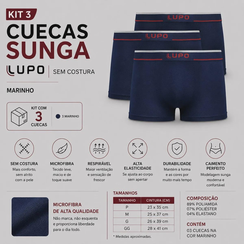 Imagem 2 do produto Kit 3 Cuecas Lupo Sunga Sem Costura Adulto
