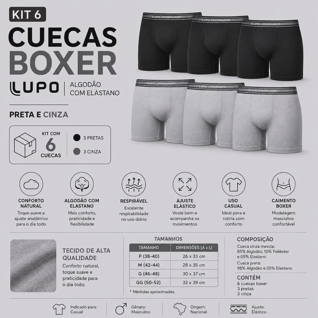 Imagem 2 do produto Kit 6 Cuecas Boxer Lupo com Elastano Adulto