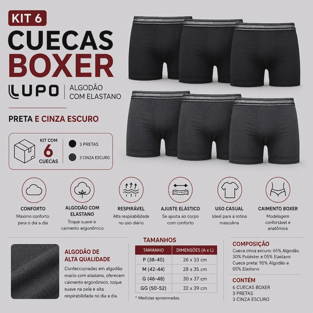 Imagem 2 do produto Kit 6 Cuecas Lupo Boxer com Elastano Adulto