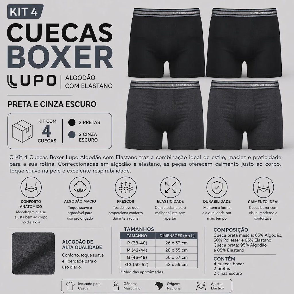 Imagem 2 do produto Kit 4 Cuecas Boxer Lupo Algodão com Elastano Adulto