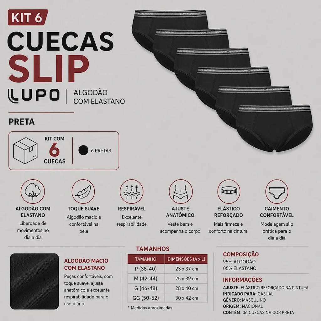 Imagem 2 do produto Kit Cueca Slip Lupo Algodão com Elastano Masculino - 6 Unidades