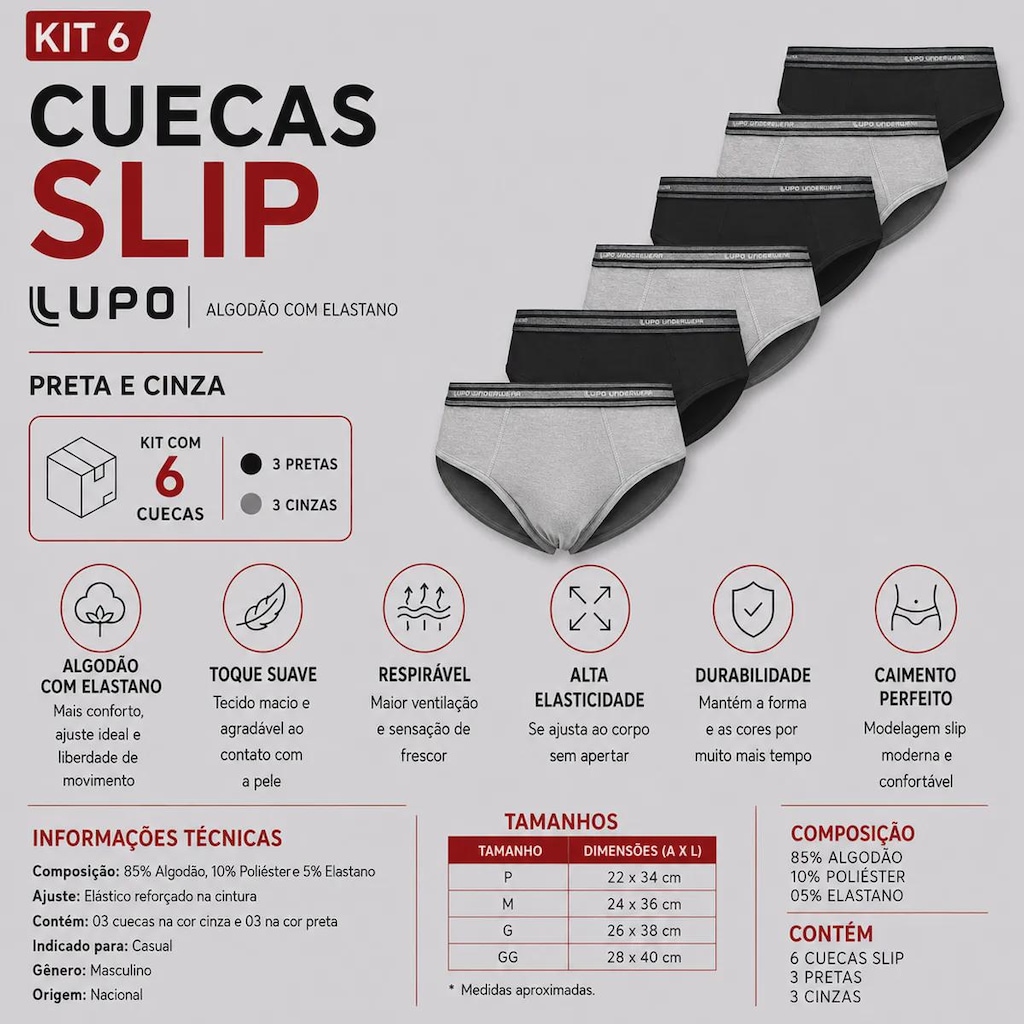 Imagem 2 do produto Kit Cueca Lupo Slip Algodão Com Elastano - Masculino - 6 Unidades