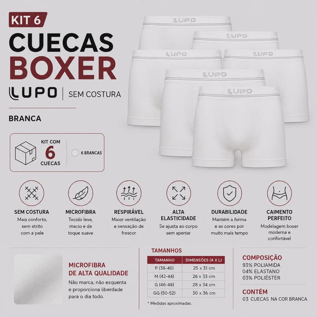 Imagem 2 do produto Kit Cueca Boxer Lupo Microfibra sem Costura - 6 Unidades