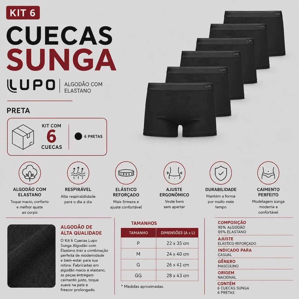 Imagem 2 do produto Kit Cueca Lupo Sunga Algodão com Elastano - 6 Unidades
