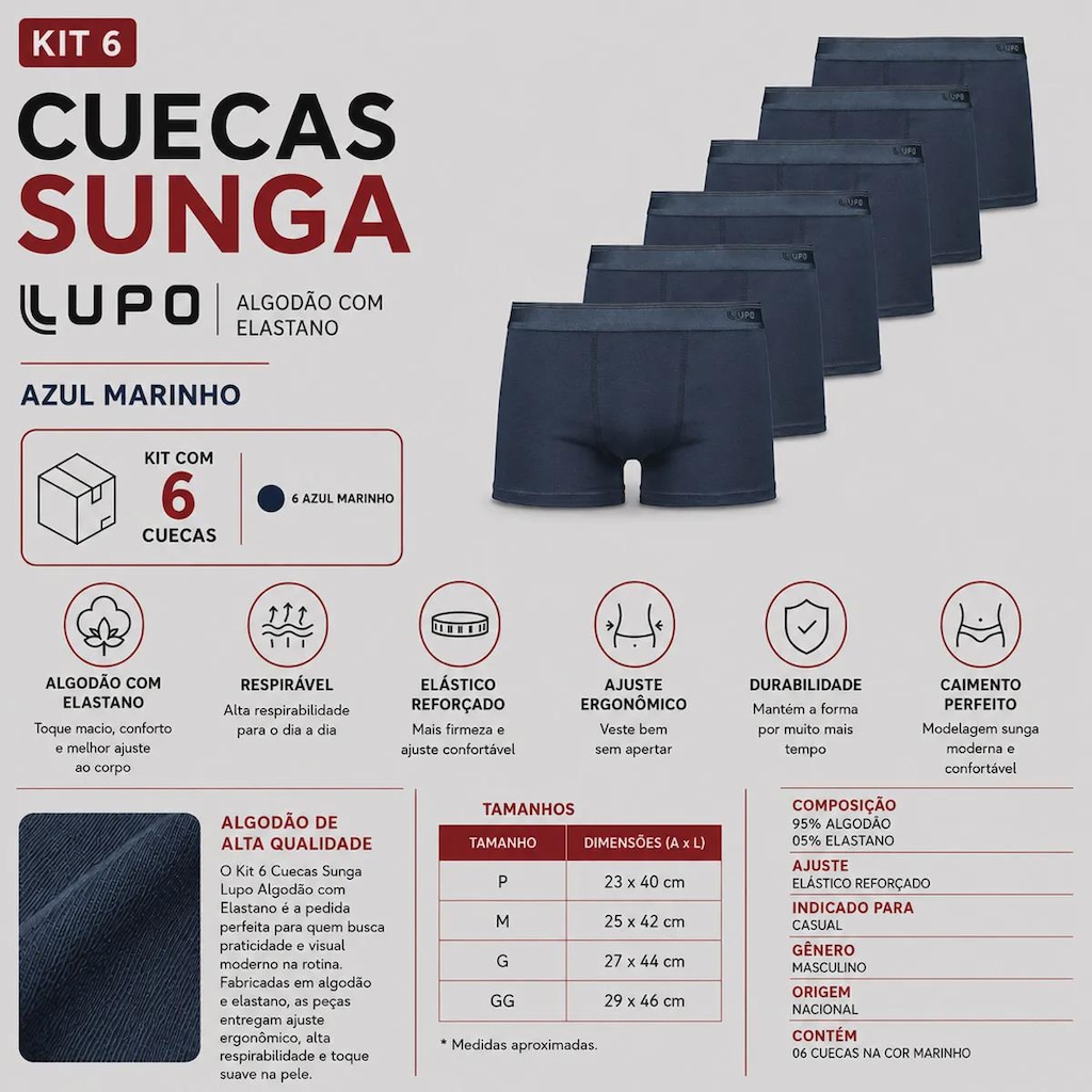 Imagem 2 do produto Kit Cueca Sunga Lupo Algodão com Elastano 6 Unidades