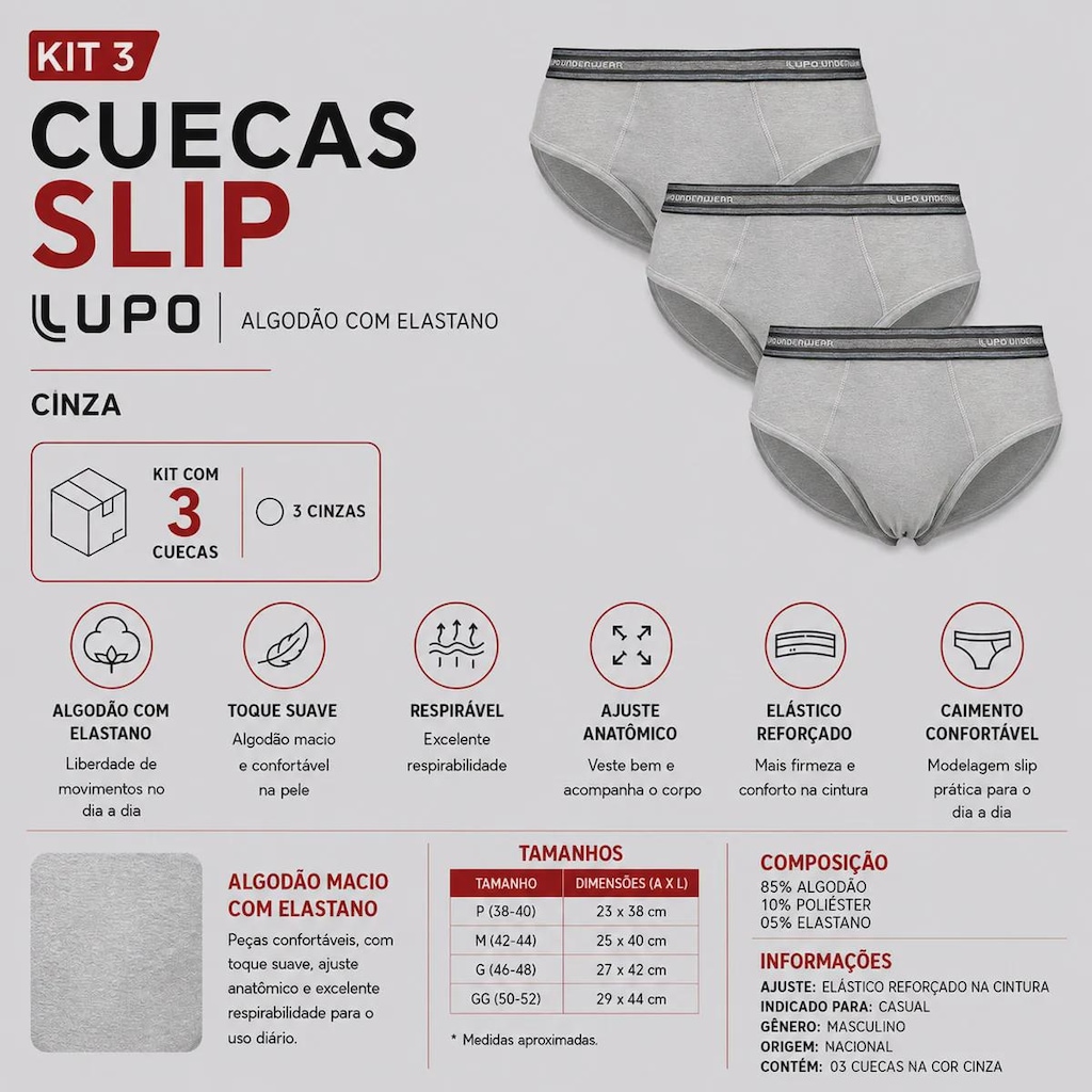 Imagem 2 do produto Kit Cueca Slip Lupo Algodão com Elastano - 3 Unidades