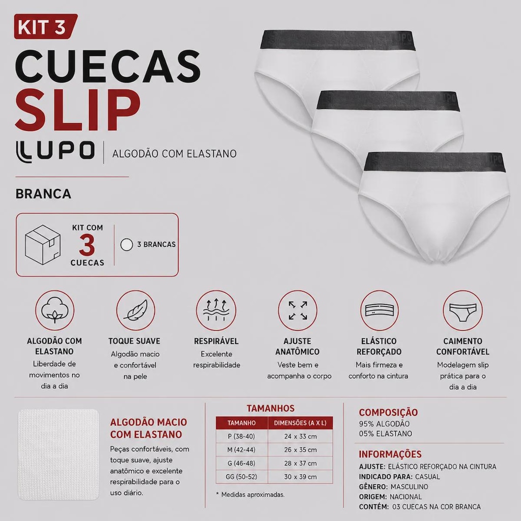 Imagem 2 do produto Kit Cueca Lupo Slip Algodão com Elastano - 3 Unidades