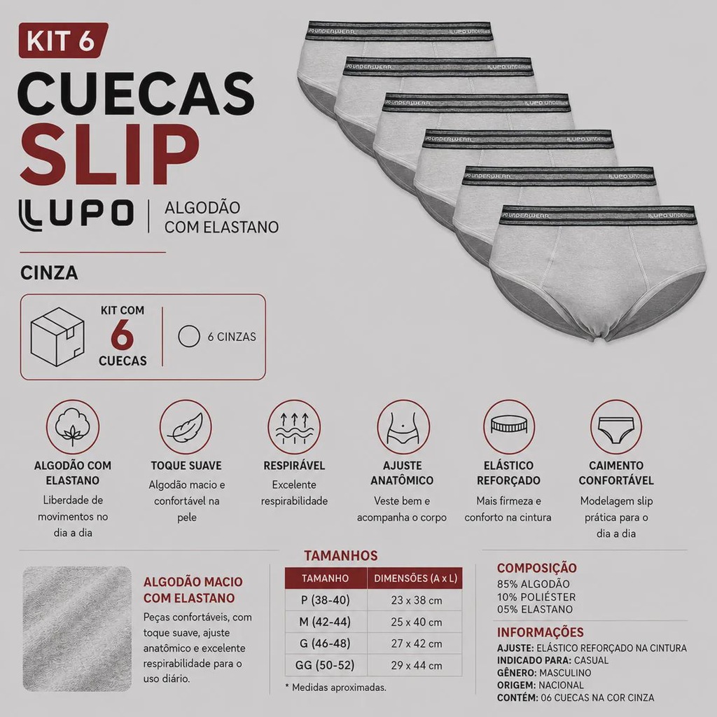 Imagem 2 do produto Kit Cueca Lupo Slip - 6 Unidades