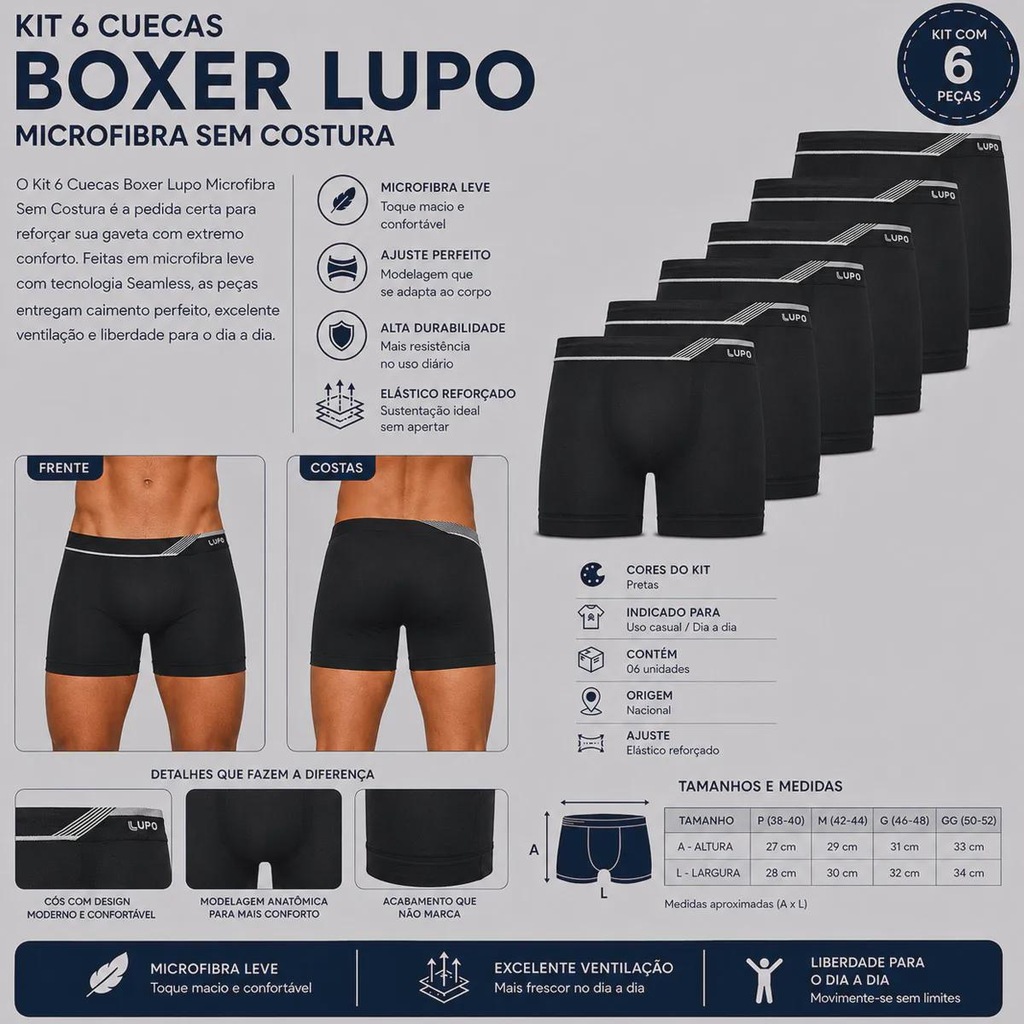 Imagem 2 do produto Kit Cueca Lupo Boxer Microfibra Sem Costura - 6 Unidades