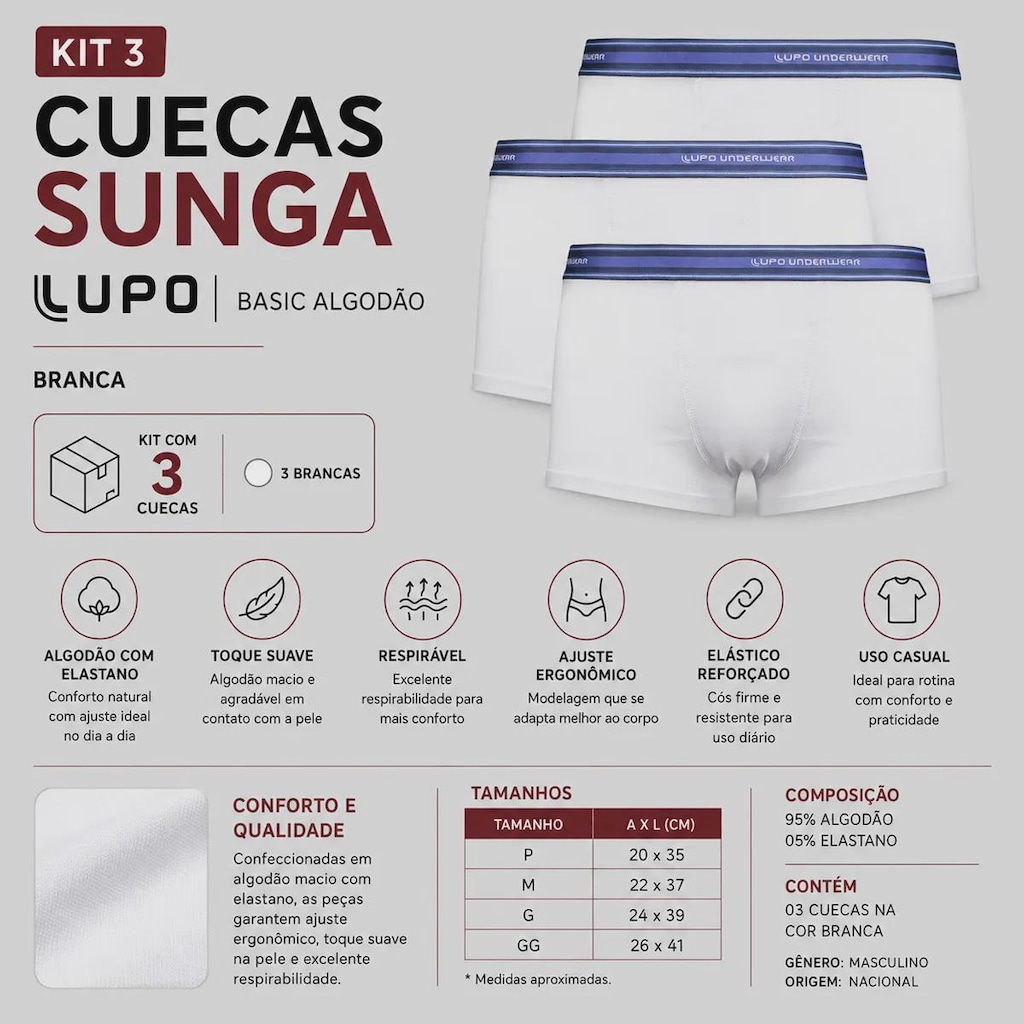 Imagem 2 do produto Kit Cueca Sunga Lupo Basic Algodão com Elastano Masculino - 3 Unidades