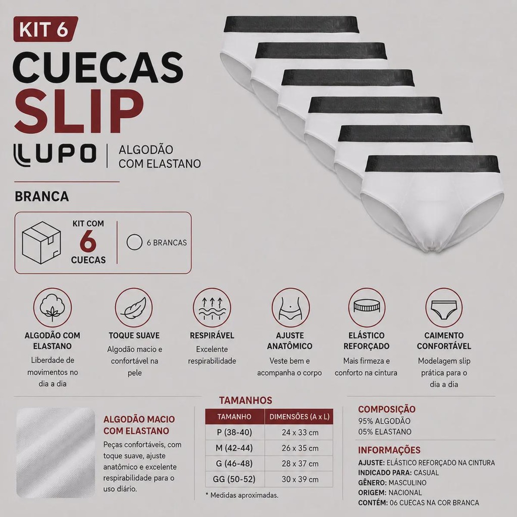 Imagem 2 do produto Kit 6 Cuecas Lupo Slip Algodão com Elastano - Adulto