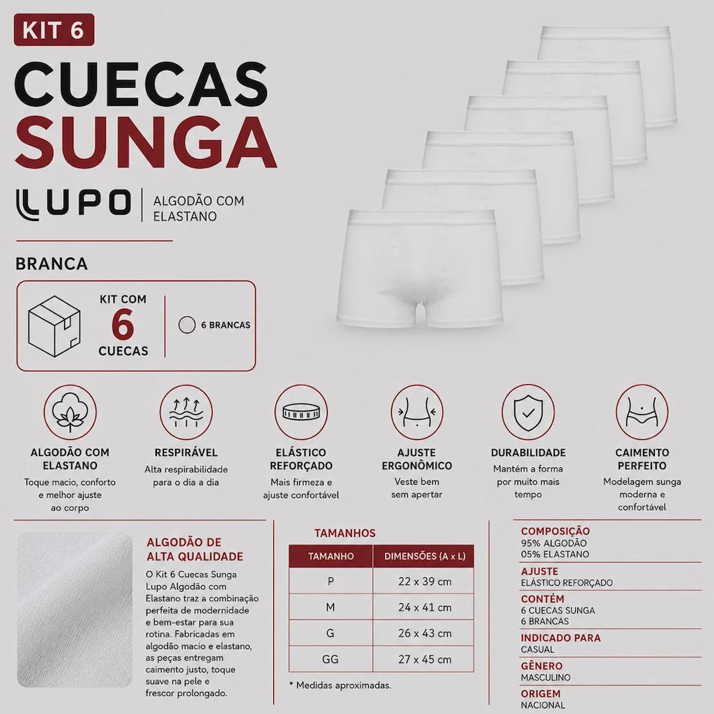 Imagem 2 do produto Kit 6 Cuecas Sunga Lupo Algodão com Elastano - Adulto