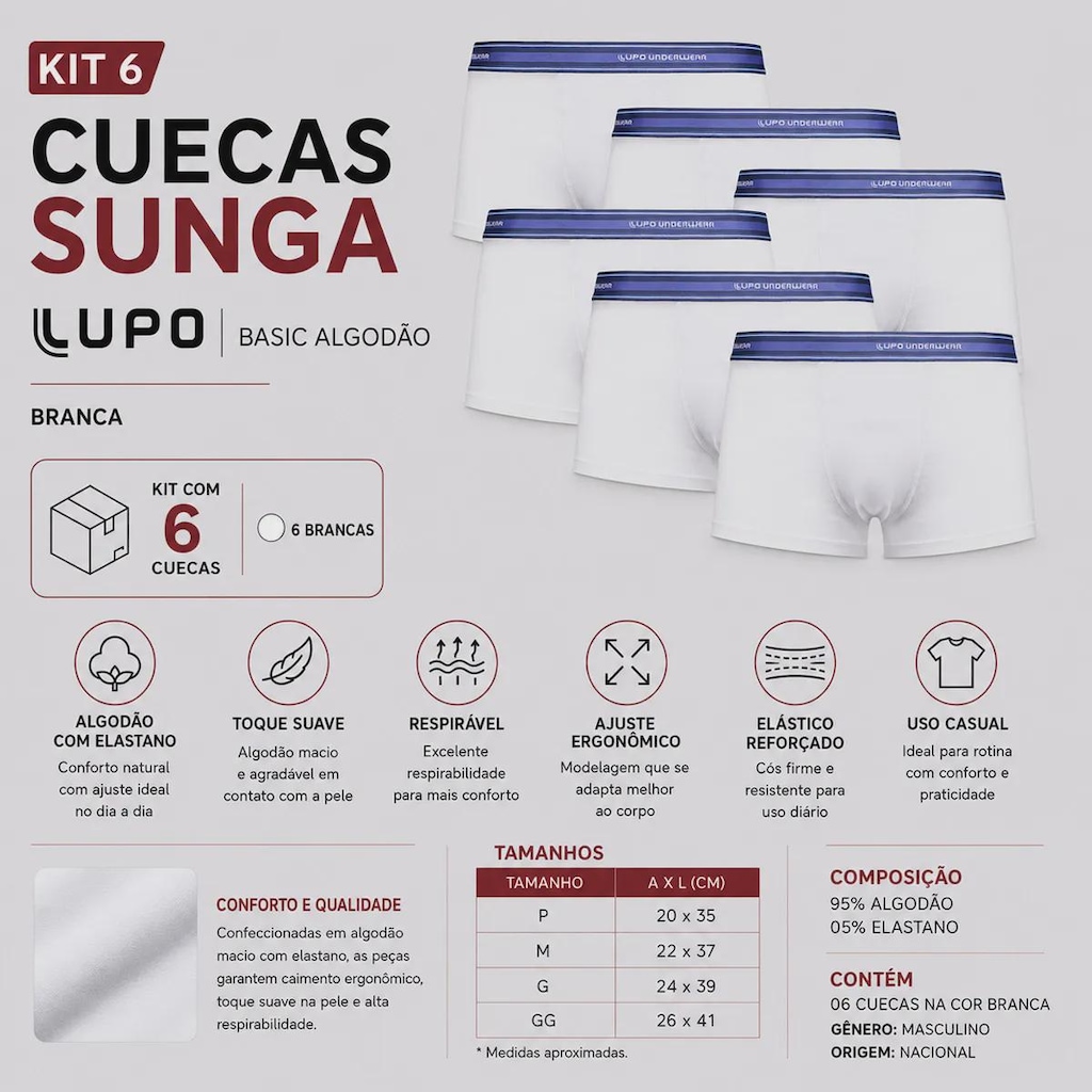 Imagem 2 do produto Kit 6 Cuecas Sunga Lupo Basic Algodão com Elastano Adulto