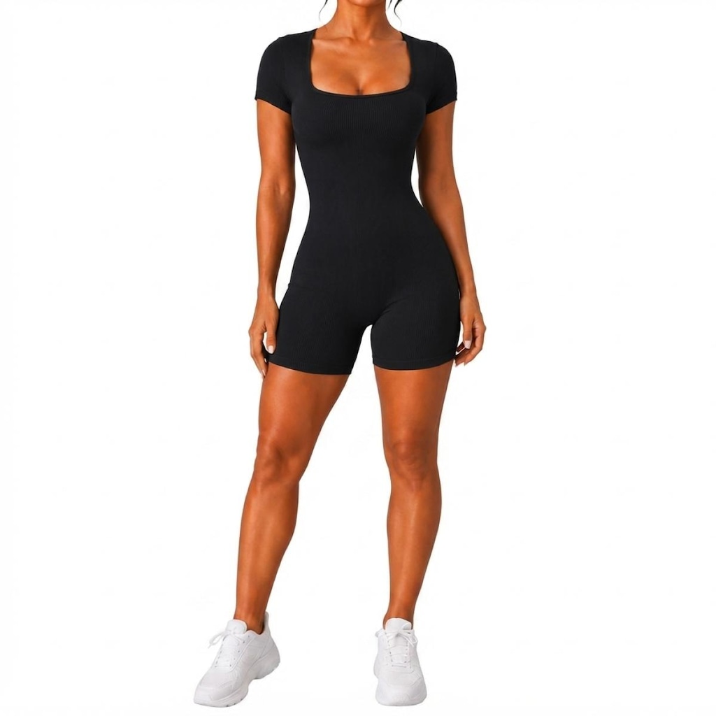 Imagem 1 do produto Macaquinho Feminino Fitness NFOX Canelado com Decote Quadrado e Manga Curta