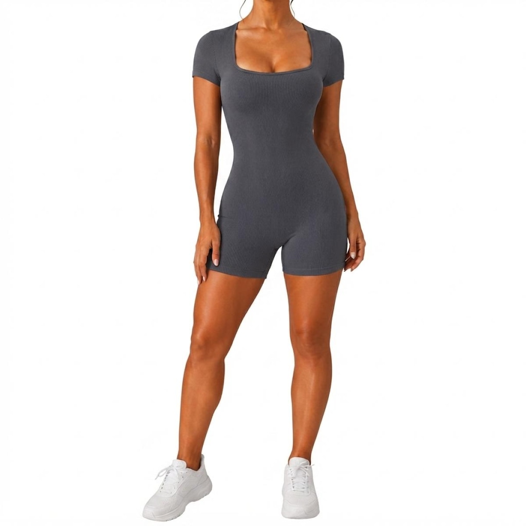 Imagem 1 do produto Macaquinho Feminino Fitness NFOX Canelado com Decote Quadrado e Manga Curta