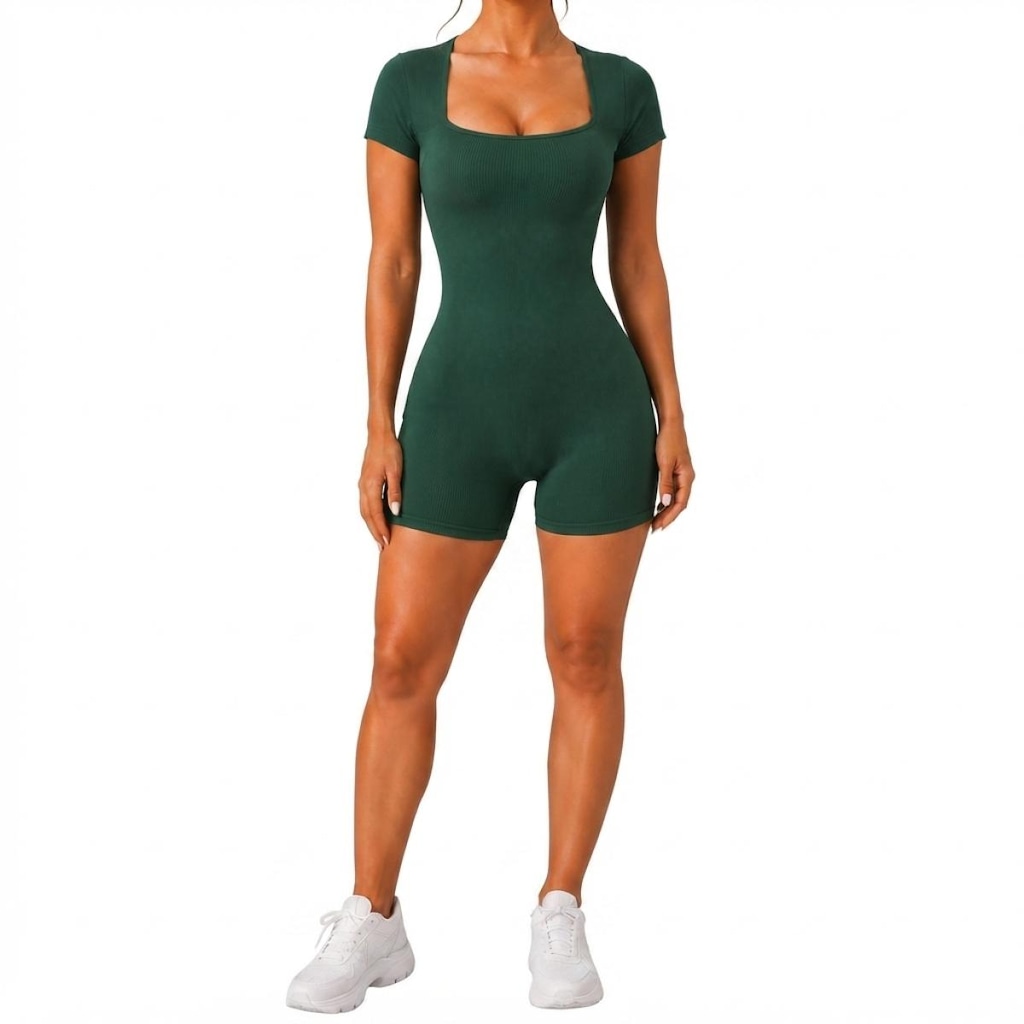 Imagem 1 do produto Macaquinho Feminino Fitness NFOX Canelado com Decote Quadrado e Manga Curta