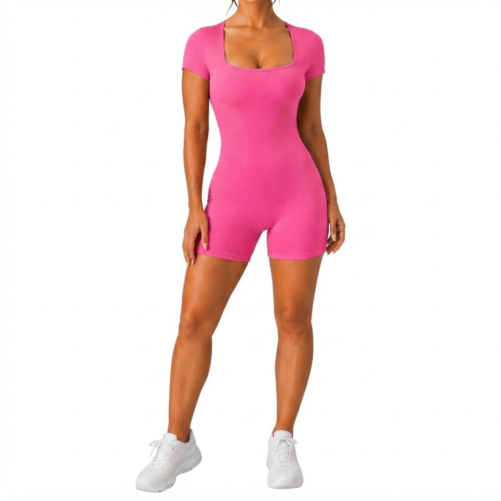 Imagem 1 do produto Macaquinho Feminino Fitness NFOX Canelado com Decote Quadrado e Manga Curta