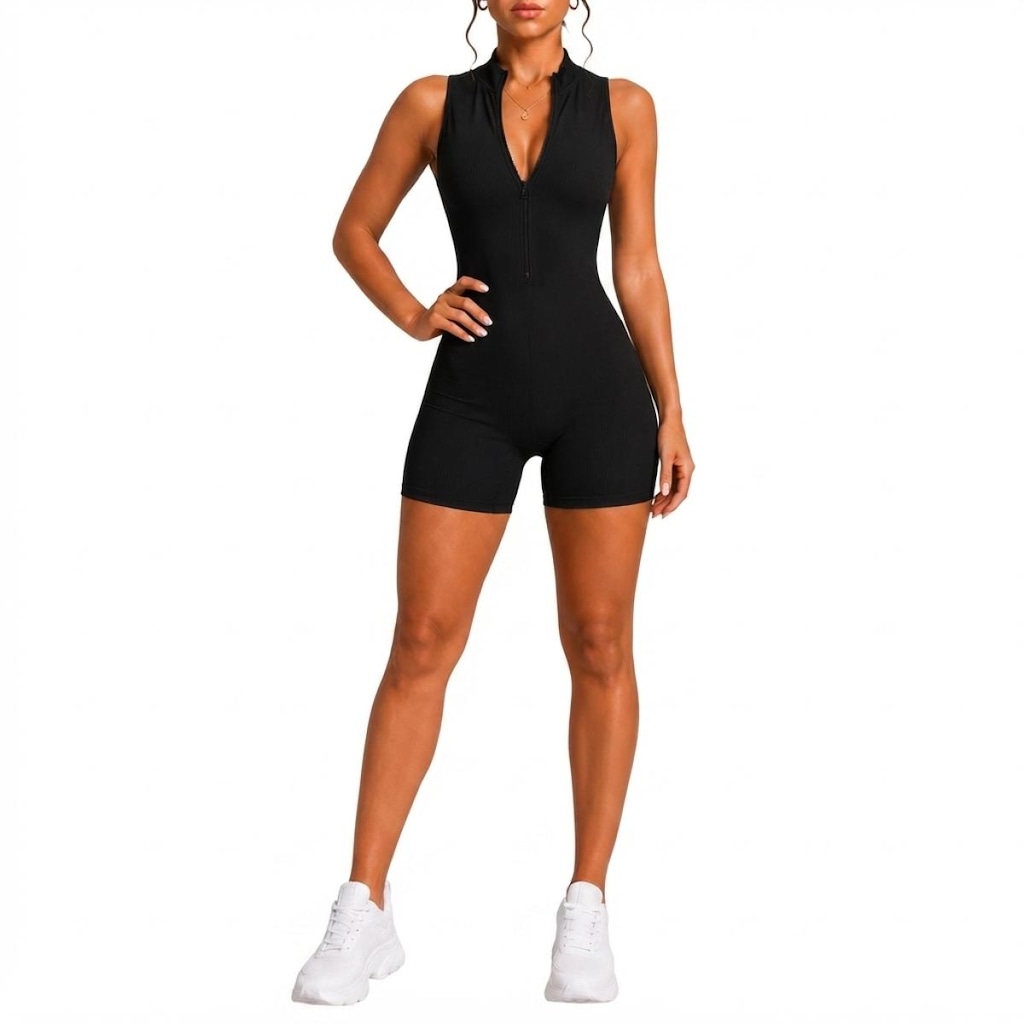 Imagem 1 do produto Macaquinho Fitness NFOX Canelado Feminino Com Zíper Frontal Academia Esportivo Yoga Pilates