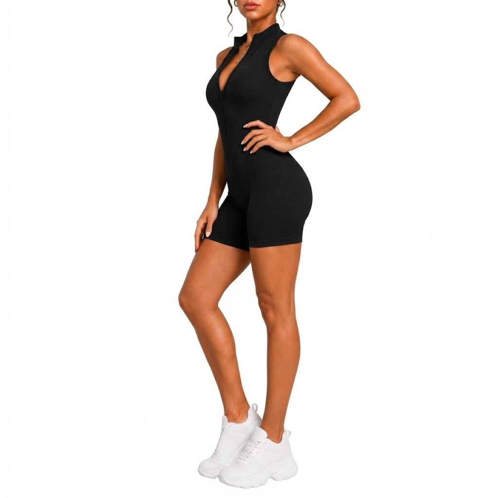 Imagem 3 do produto Macaquinho Fitness NFOX Canelado Feminino Com Zíper Frontal Academia Esportivo Yoga Pilates