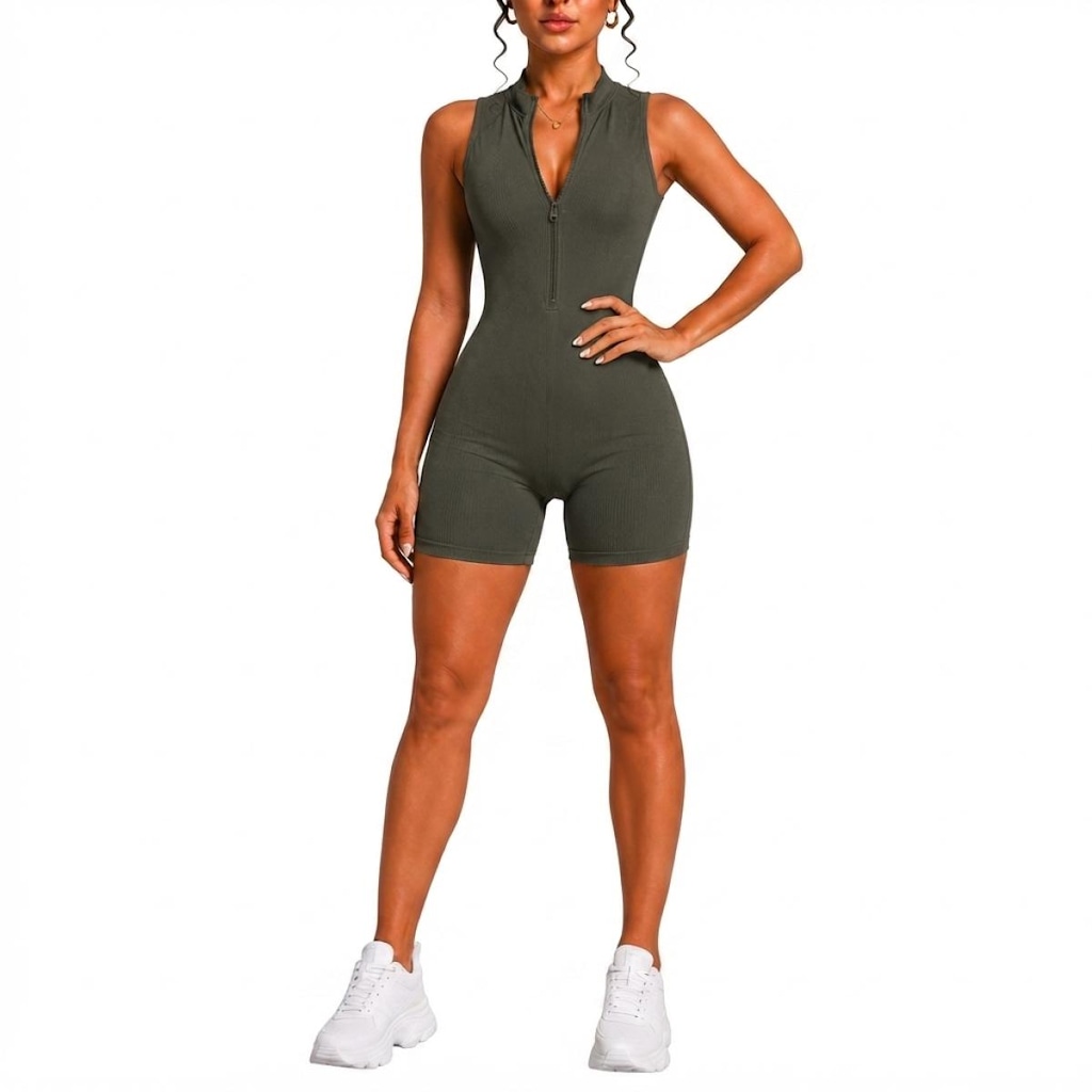 Imagem 2 do produto Macaquinho Fitness NFOX Canelado Feminino Com Zíper Frontal Academia Esportivo Yoga Pilates