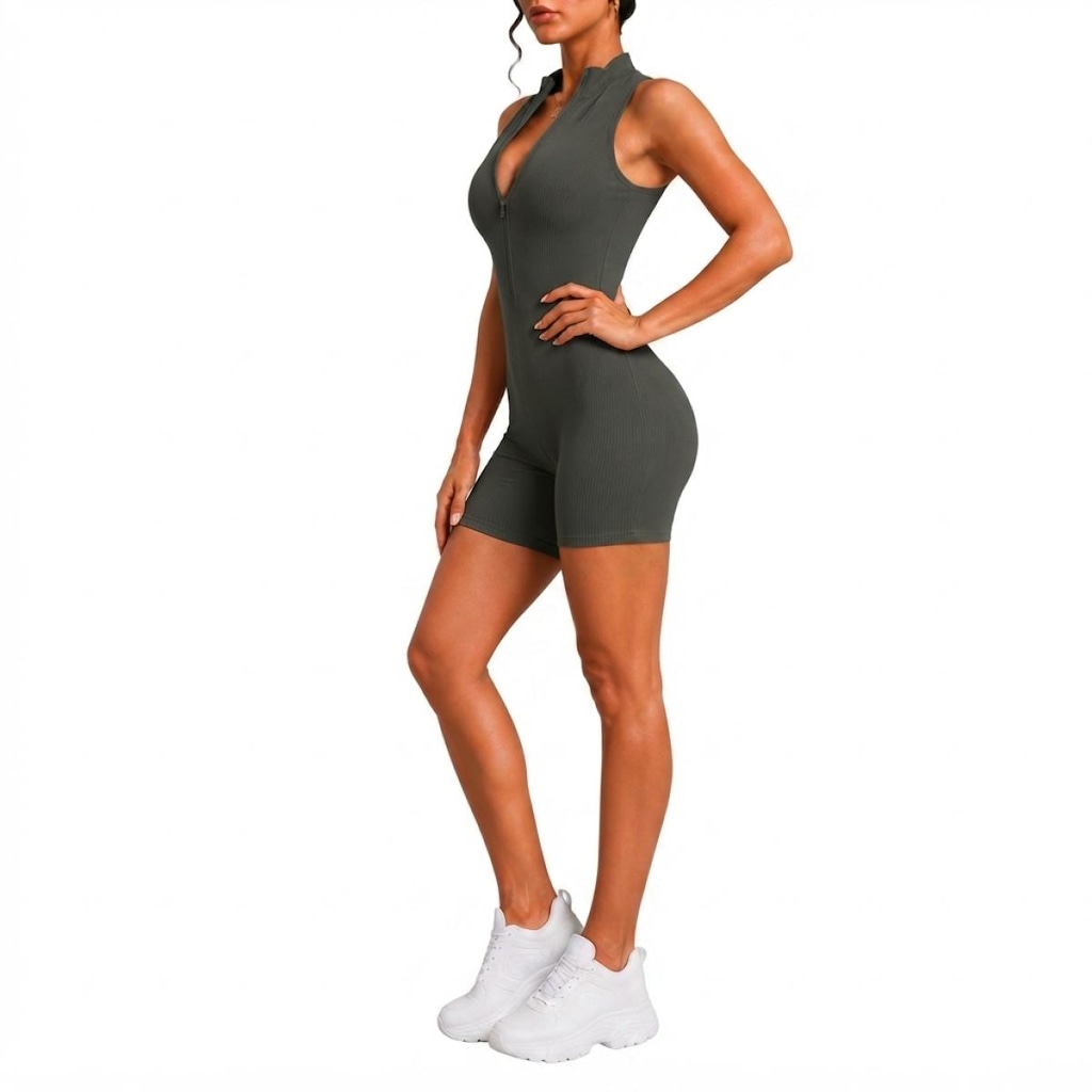 Imagem 3 do produto Macaquinho Fitness NFOX Canelado Feminino Com Zíper Frontal Academia Esportivo Yoga Pilates