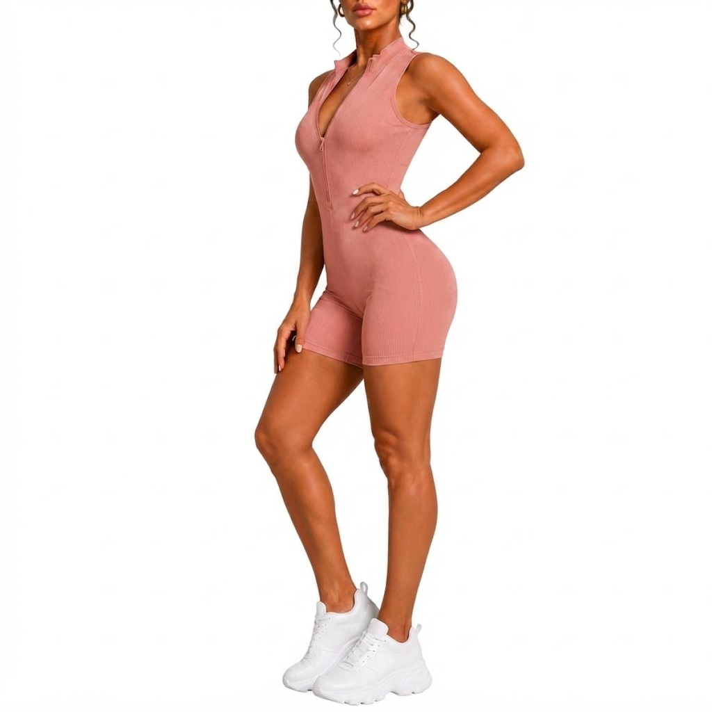 Imagem 3 do produto Macaquinho Fitness NFOX Canelado Feminino Com Zíper Frontal Academia Esportivo Yoga Pilates