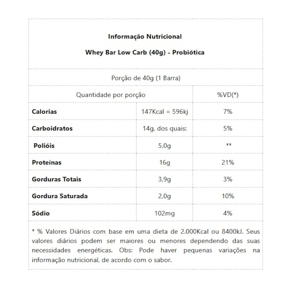 Imagem 2 do produto Whey Bar Low Carb Probiótica Chocolate 40g
