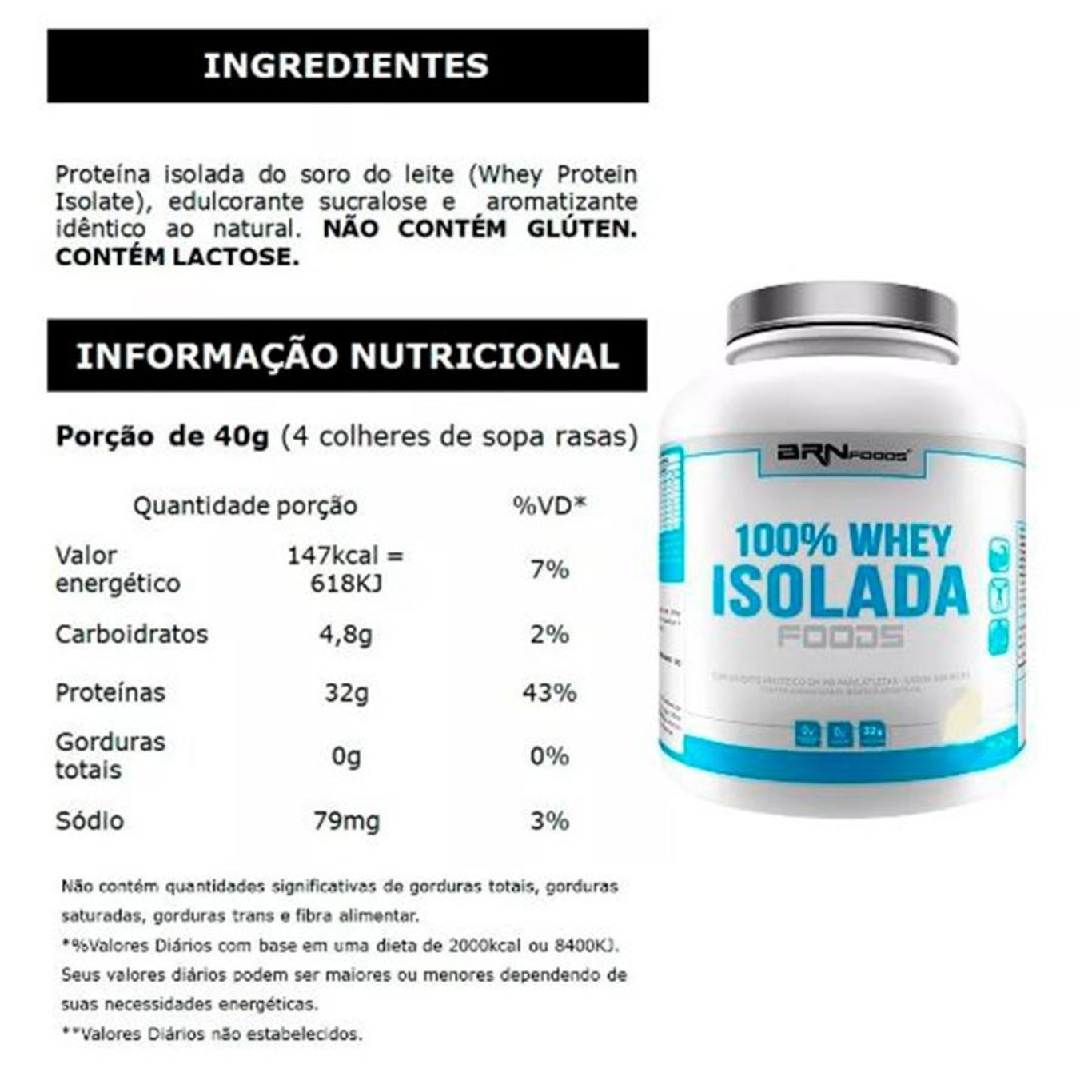 Kit 100 Whey Protein Isolado BRN Foods 2kg Baunilha BCAA Creatina