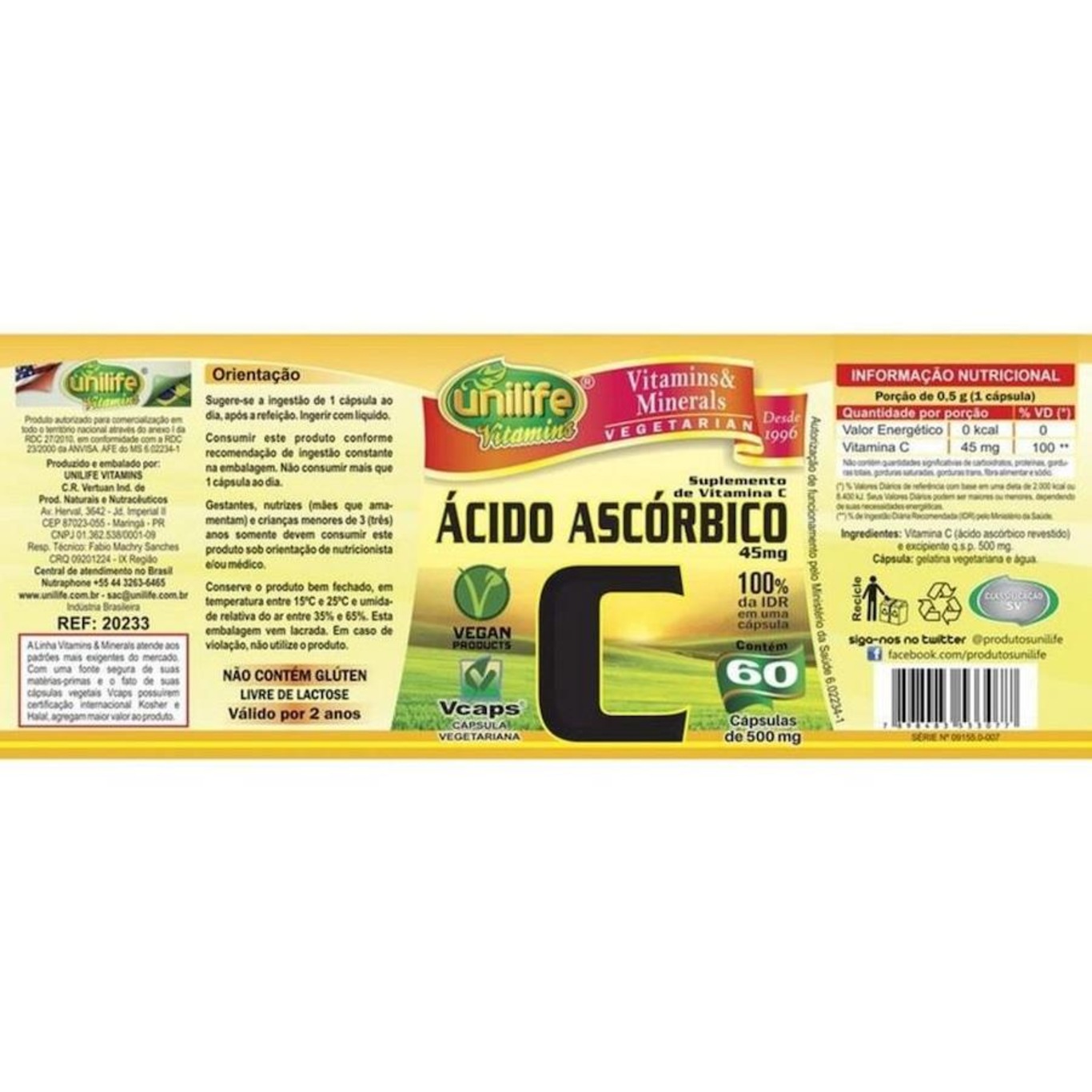 Vitamina C Ácido Ascórbico Unilife 60 cápsulas Centauro