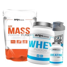 Kit Size Mass BRN Foods - 3Kg + Whey Protein - Morango - 900g + Creatina - 100g + Coqueteleira