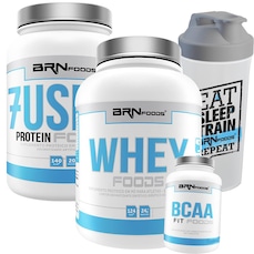 Kit BRN Foods Whey Protein Fusion 900g Morango + Whey Protein 900g Morango + BCAA 100g + Coqueteleira