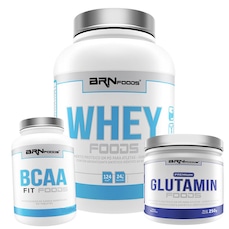 Kit Whey Protein BRN Foods Chocolate - 900g + BCAA 100g + Glutamina 250g