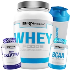 Kit Whey Protein BRN Foods Baunilha - 900g + BCAA 100g + Creatina 100g + Coqueteleira