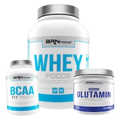 Kit Whey Protein BRN Foods 900g Morango + BCAA 100g + Glutamina 250g