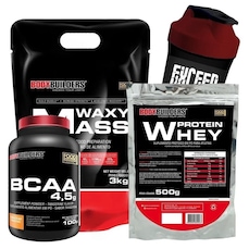 Kit Waxy Mass Bodybuilders - Morango - 3kg + Whey Protein - Morango - 500g + BCAA + Coqueteleira