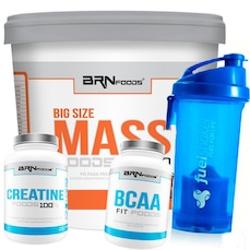Kit Hipercalórico BRN Foods 6kg Morango + BCAA 100g + Creatina 100g + Coqueteleira