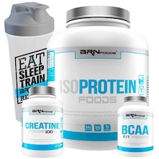 Kit Whey Protein Isolado 2kg Morango + Creatina 300g + Bcaa 100g + Coqueteleira - BRN Foods